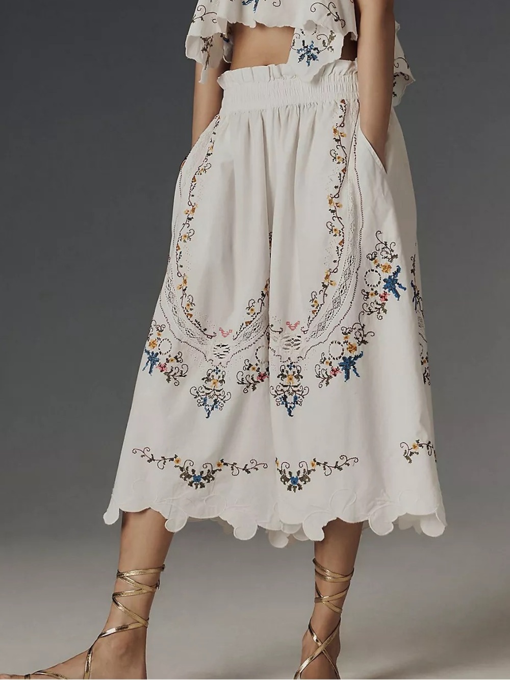 Anthropologie White Lace Wide-Leg Floral Embroidered Cropped Ruffled Pants M